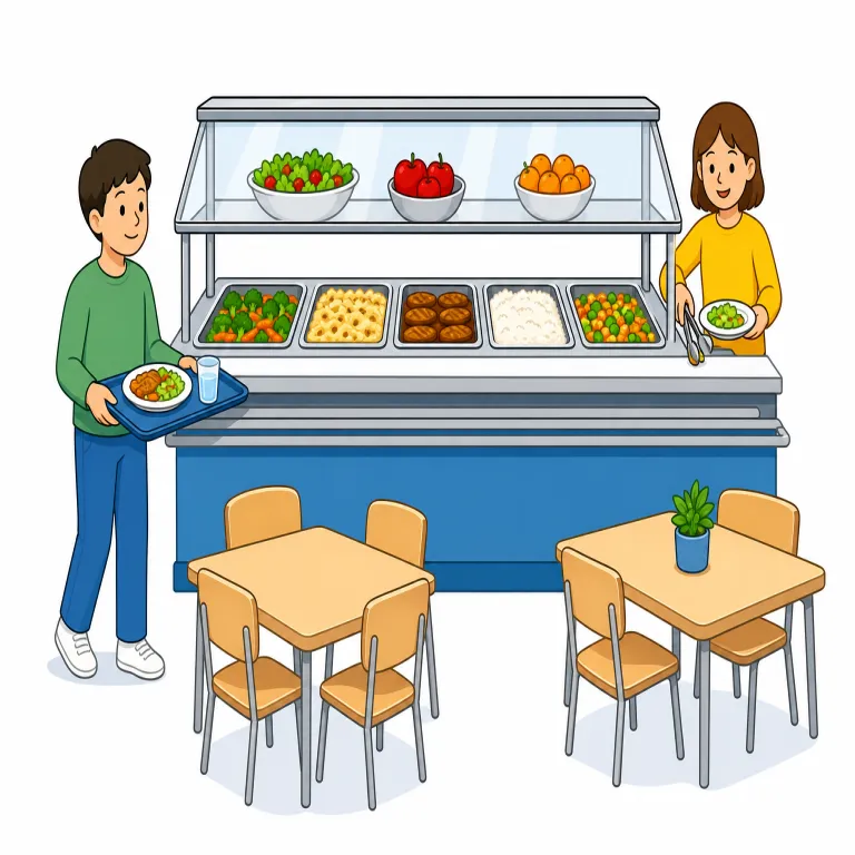 cafeteria（カフェテリア・名詞）の覚え方イラスト — cafeteria は cafe を知っていると覚えやすく、「カフェっぽい食事の場所」が大きくなって、学校や会社で多人数が使う食堂になったと考えると定着しやすい語です
