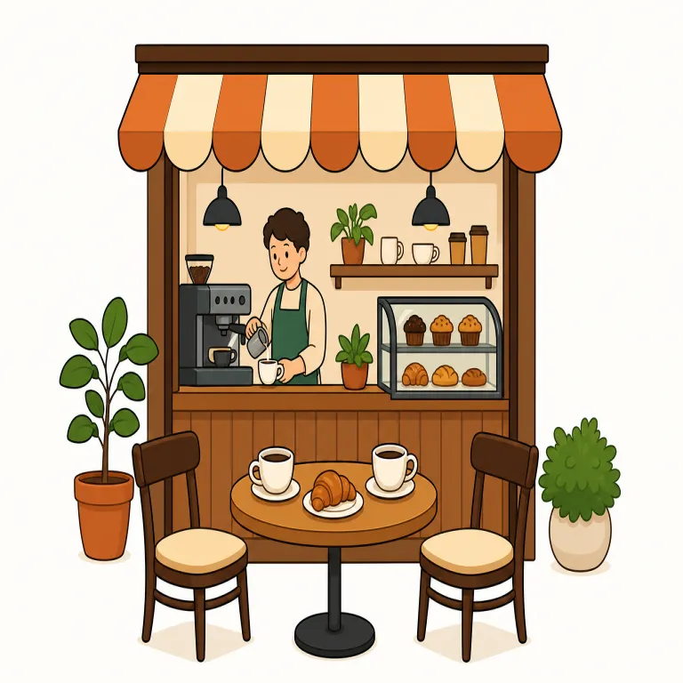 café（喫茶店・名詞）の覚え方イラスト — cafe は restaurant より小さく気軽に入れる店、という位置づけで覚えると定着しやすいです