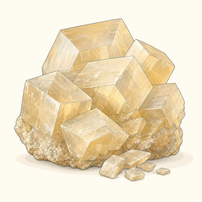 calcite（方解石・名詞）の覚え方イラスト — calc- を calcium や calcify と結びつけると、「カルシウム・石灰っぽいもの」という芯がつかめます
