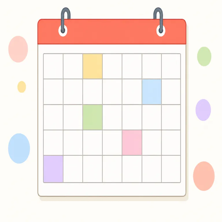 calendar（カレンダー、暦・名詞）の覚え方イラスト — calendar は日本語の「カレンダー」と形も意味も近いので、まず date, month, year が順に並ぶ表を思い浮かべると定着しやすいです