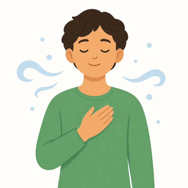 calm down（落ち着く・句動詞）の覚え方イラスト — calm down は、怒り・不安・興奮・緊張など高ぶった感情のレベルが下がり、「落ち着く」と覚える