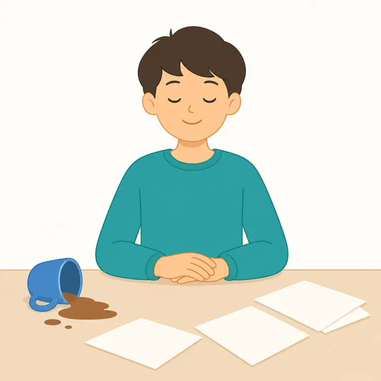 calmly（冷静に・副詞）の覚え方イラスト — この calmly は、静かな音や穏やかな雰囲気ではなく、強い不安や怒りの中でも態度や判断が乱れない「冷静に」という意味です