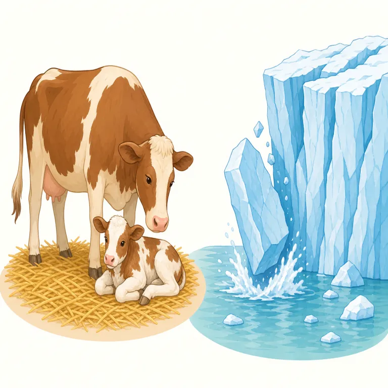 calving（（牛などの）出産、（氷河の）分離・崩落・名詞）の覚え方イラスト — calving は calf「子牛」を知っていると定着しやすい語です