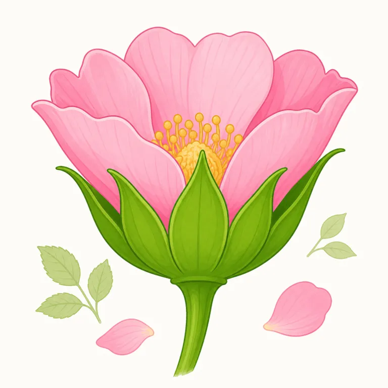 calyx（がく・名詞）の覚え方イラスト — 花を思い浮かべるとき、目立つ petals（花びら）のさらに外側で、つぼみの間ずっと包んで守っている地味な部分が calyx