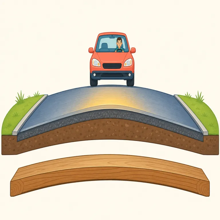 camber（反り / 路面傾斜・名詞）の覚え方イラスト — camber は「ただ曲がっている」ではなく、車輪・翼・路面に意図的につける“わずかな弓なり・傾き”として覚えると残りやすい語です