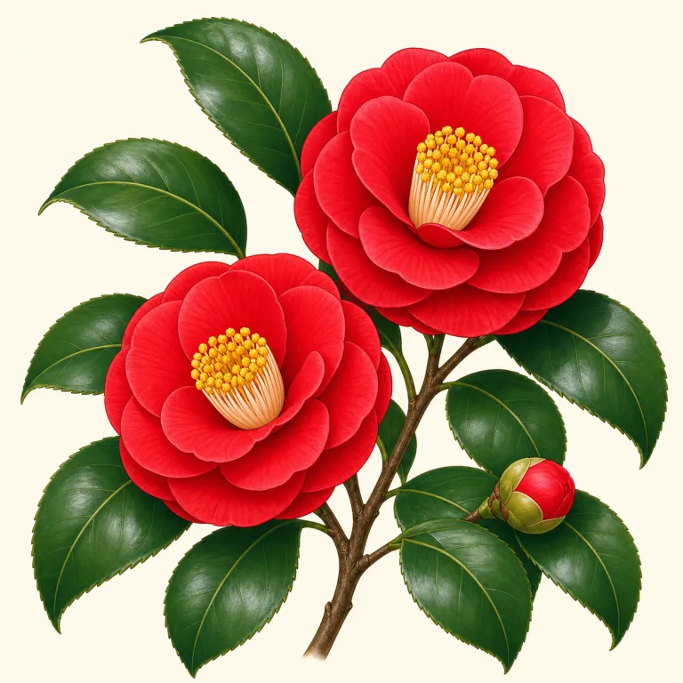 camellia（椿・名詞）の覚え方イラスト — camellia は、rose や lily のような日常基本語というより、園芸・植物名で見かける少し学名寄りの花名です