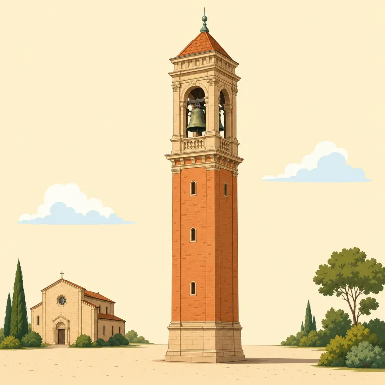 campanile（独立鐘楼・名詞）の覚え方イラスト — campanile は「bell tower のうち、建物本体から独立して立つ塔」とセットで覚えると定着しやすい語