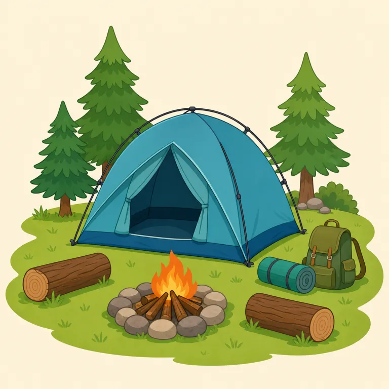 campsite（キャンプ場・名詞）の覚え方イラスト — camp「キャンプ」＋site「場所」なので、文字どおり「キャンプする場所」です