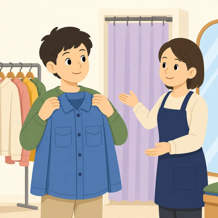 can i try it on（試着できますか・イディオム）の覚え方イラスト — 服の場面では try は「試す」、on は「身につける」なので、try on をひとかたまりで「着て試す」と覚えると残りやすいです