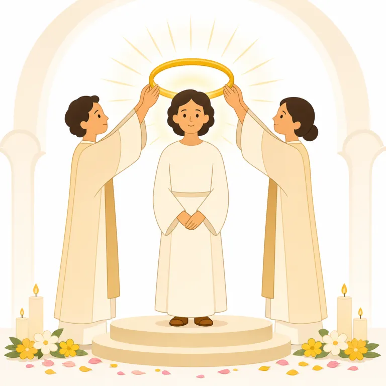 canonization（列聖・名詞）の覚え方イラスト — 「列聖」の canonization は、教会が亡くなった人物を聖人として公式に認める過程を指します