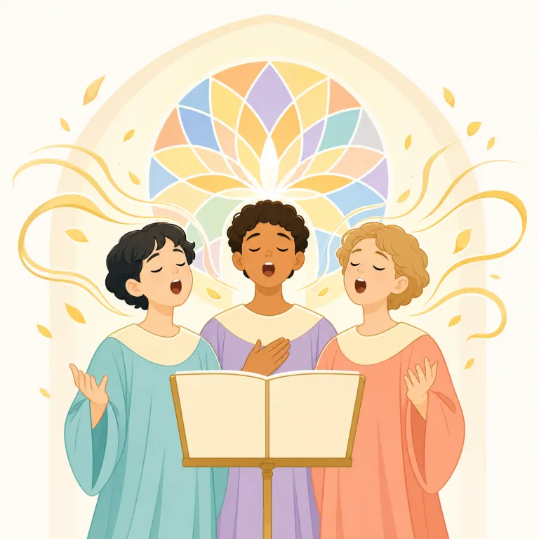 canticle（聖歌・名詞）の覚え方イラスト — chant（詠唱する）や cantor（聖歌隊の先導役）を知っていると、cant- が「歌う・唱える」場面を連想しやすい