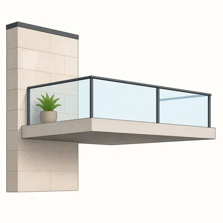cantilevered（片持ち梁式・形容詞）の覚え方イラスト — この「片持ち梁式」は、cantilevered の中でも建築・工学寄りの専門的な意味です
