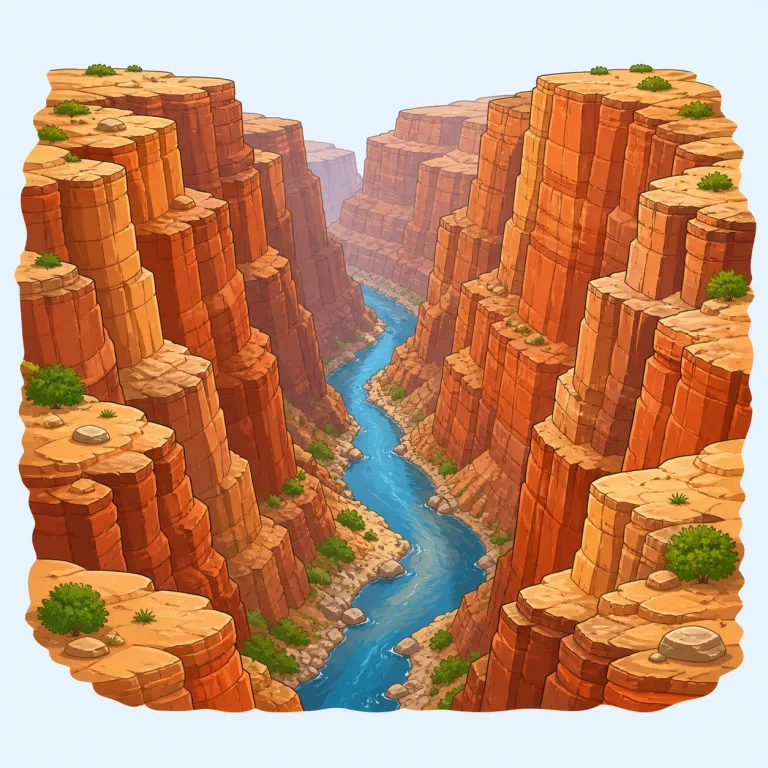 canyon（峡谷・名詞）の覚え方イラスト — この「峡谷」は、canyon の中でも両側が険しく切り立ち、細く深くえぐれた地形を硬めに表す訳として覚えるとよいです