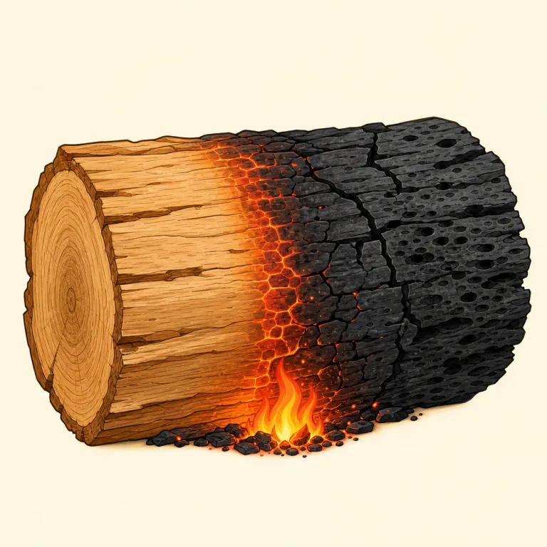 carbonize（炭化させる・動詞）の覚え方イラスト — carbon「炭素」と -ize「～化する・させる」に分ければ、「炭素の多い状態に変える」という意味をそのまま理解できます