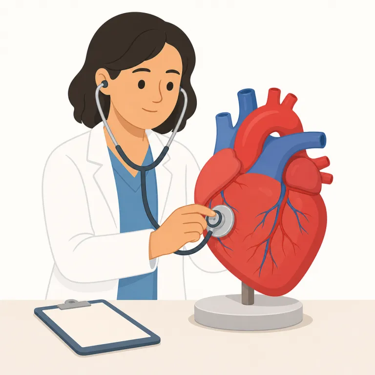 cardiologist（心臓専門医・名詞）の覚え方イラスト — まず cardiology が「心臓学」、cardiac が「心臓の」とつながると覚えると定着しやすいです