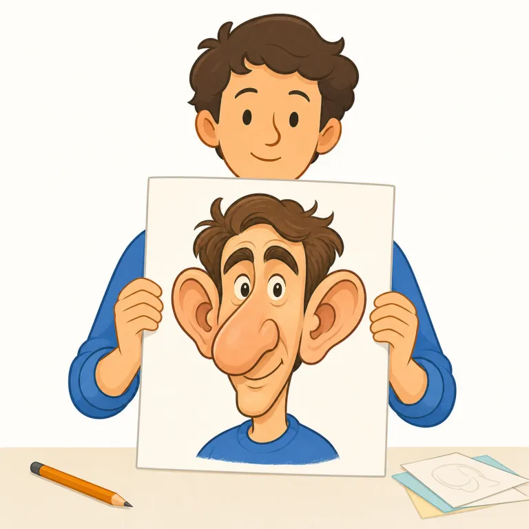 caricature（風刺画・名詞）の覚え方イラスト — 覚えるときは portrait（肖像画）と対比すると残りやすいです