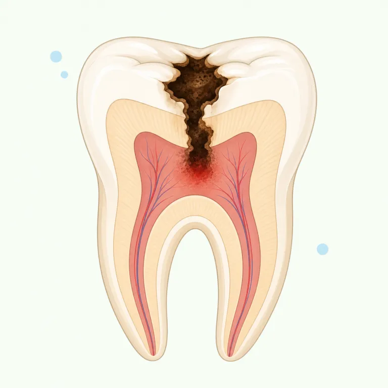 caries（虫歯・名詞）の覚え方イラスト — 日常会話では cavity、専門的には dental caries と言うことが多いので、この対比で覚えると残りやすい