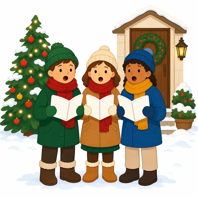 caroling（クリスマスキャロルを歌う・名詞）の覚え方イラスト — caroling は、クリスマス時期にキャロルを歌って回る活動として覚えます