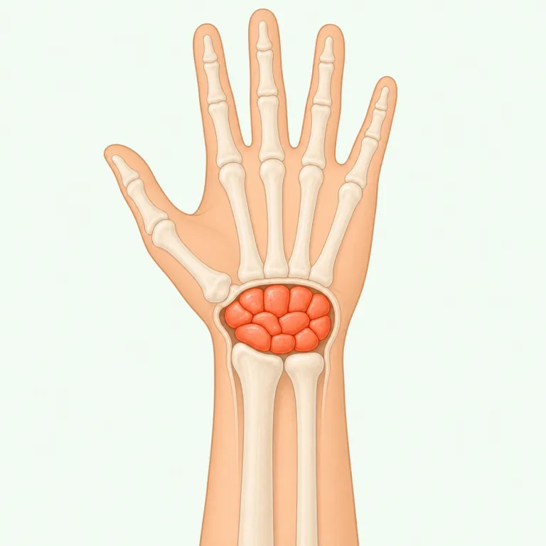 carpal（手根の、手首の・形容詞）の覚え方イラスト — medical系の語として、まずcarpal tunnel syndrome（手根管症候群）を丸ごと覚えると、この語は「手首まわりの解剖学用語だ」と固定しやすいです