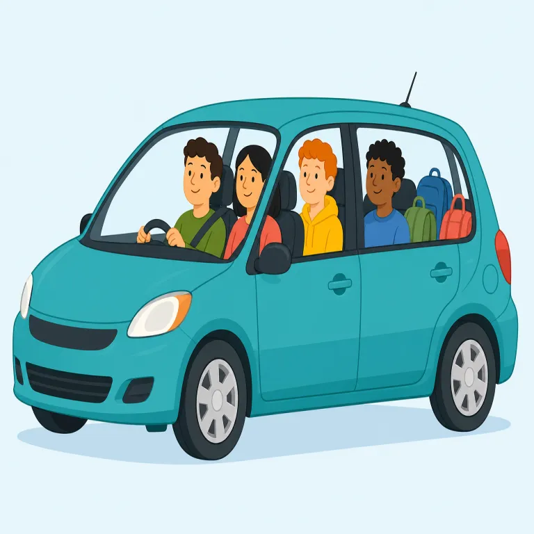 carpool（相乗り・名詞）の覚え方イラスト — car「車」＋ pool「共同で出し合い利用するもの」と分け、「車と移動費を共有する仕組み」と覚えると定着しやすいです