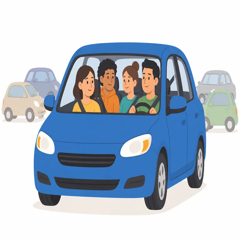 carpooling（相乗り・名詞）の覚え方イラスト — car + pool + -ing と分けると覚えやすいです