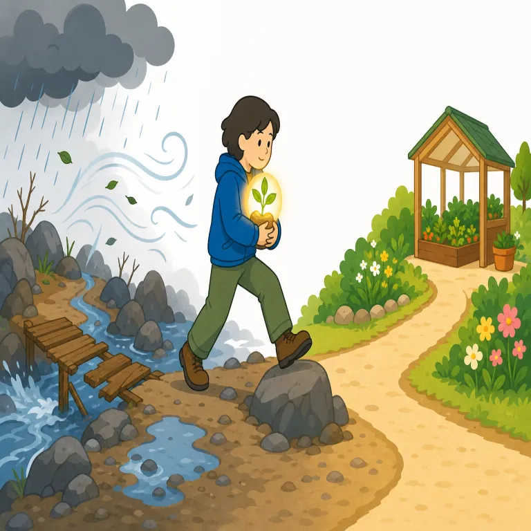 carry through（成し遂げる・句動詞）の覚え方イラスト — carry through は、計画や約束を困難の中でも最後まで運び通し、完了・達成に到達させる意味で覚えます