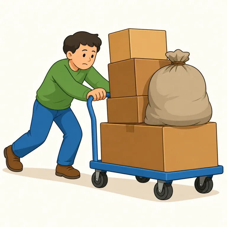 carting（（重い物を）運ぶ、せっせと持ち運ぶ・動詞）の覚え方イラスト — この意味の carting は、荷車そのものより「重い物・かさばる物を苦労して運び回る」感じを覚えるのが要点です