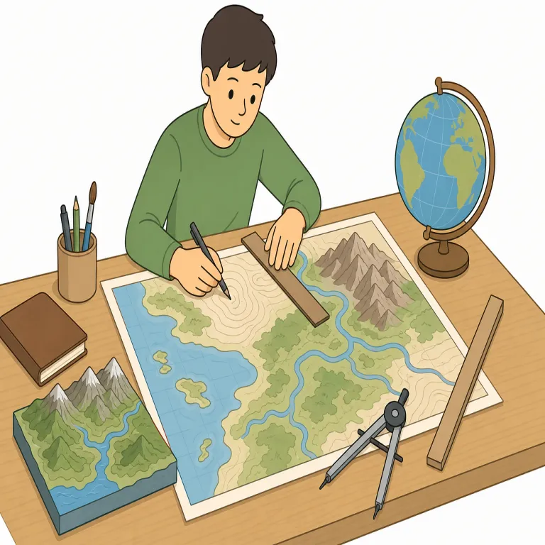 cartography（地図作成・名詞）の覚え方イラスト — geography（地理）と並べて覚えると定着しやすい語です