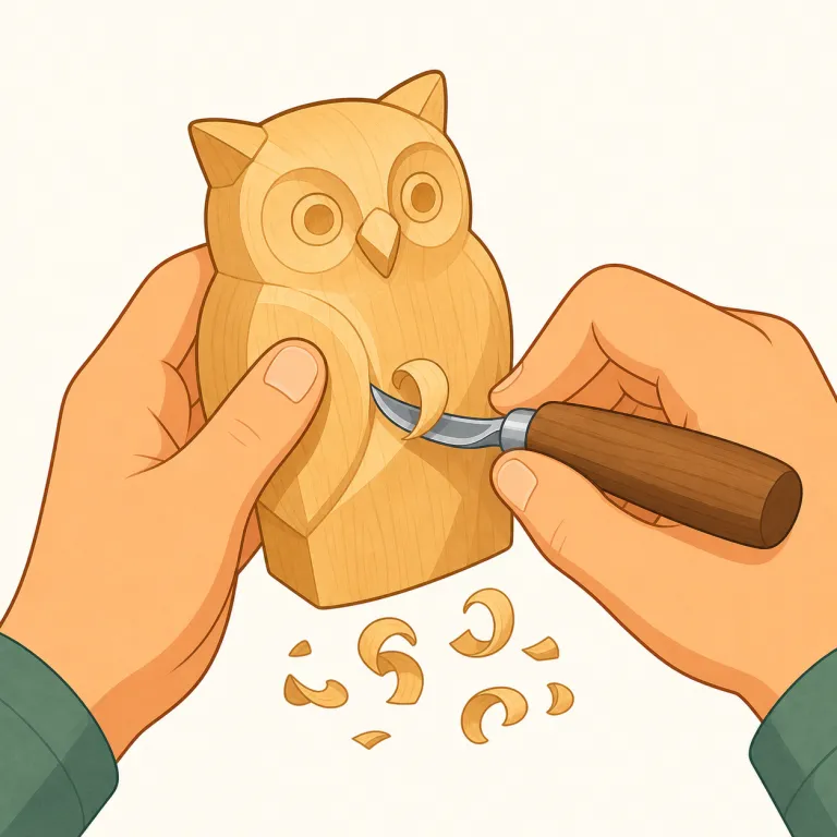 carve（彫る・動詞）の覚え方イラスト — この「彫る」の carve は、木や石などを刃物で少しずつ削り、像や装飾の形を作る場面で覚えると定着します