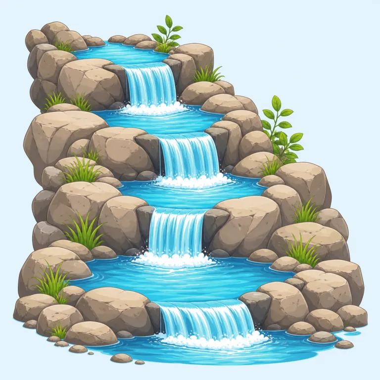 cascade（小さな滝、滝の連なり・名詞）の覚え方イラスト — 水が岩を「かさかさ」と段々に落ちていく場面を思い浮かべると、小さな滝や滝の連なりを覚えやすくなります