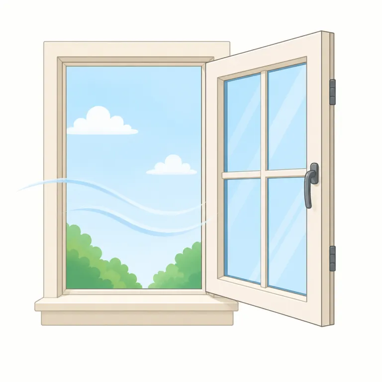 casement（開き窓・名詞）の覚え方イラスト — casement は、住宅や建築の文脈で「横のヒンジでドアのように開く窓」を指します