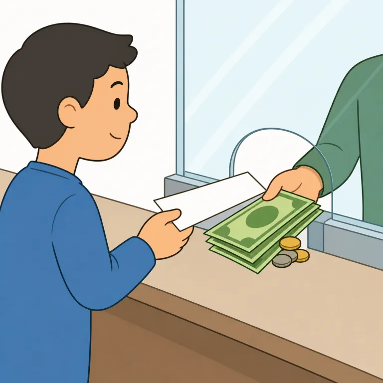 cash（換金する・verb）の覚え方イラスト