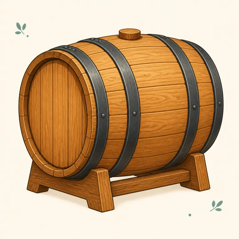 cask（樽・名詞）の覚え方イラスト — cask は酒を保存・熟成する木製の「樽」で、wine cask（ワイン樽）、oak cask（オーク樽）、age in casks（樽で熟成させる）が典型表現