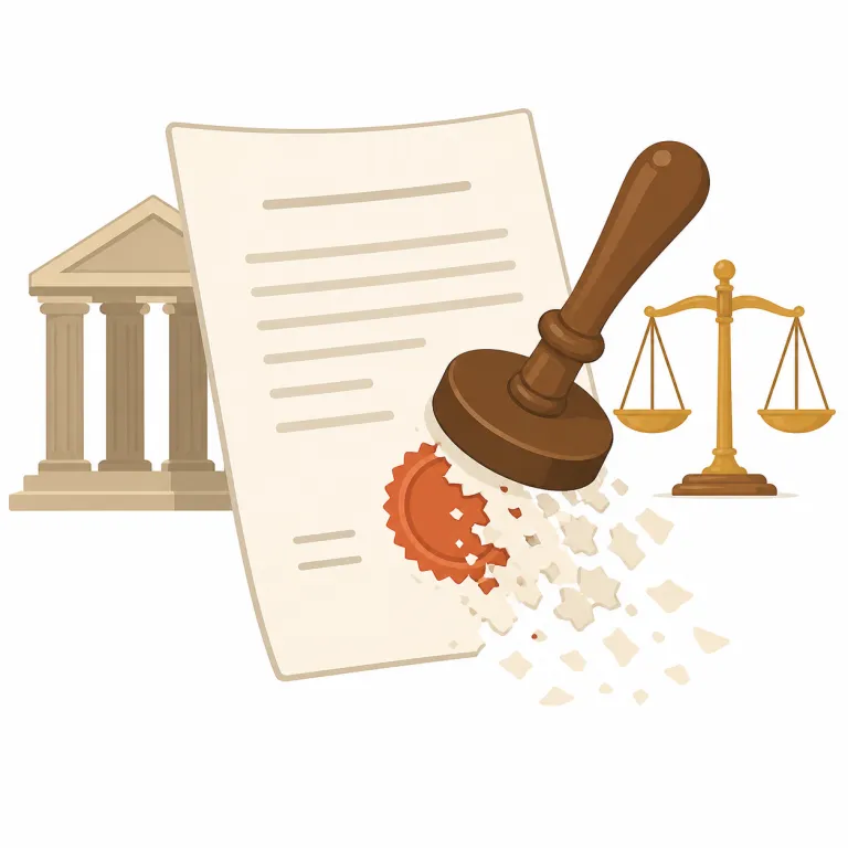 cassation（破棄・名詞）の覚え方イラスト — このエントリの cassation は、一般的な「取り消し」ではなく、上級裁判所が下級裁判所の判決を法的に退ける「破棄」という専門的な意味です