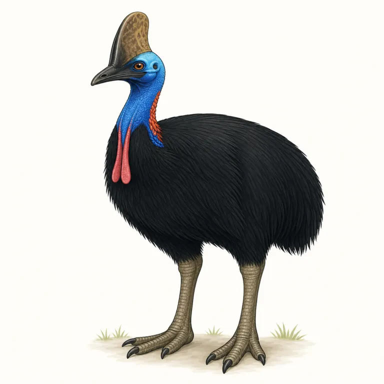 cassowary（ヒクイドリ・名詞）の覚え方イラスト — cassowary は語源で分解するより、ostrich（ダチョウ）や emu と同じ「大型で飛べない鳥」の仲間として束で覚えると残りやすい語です
