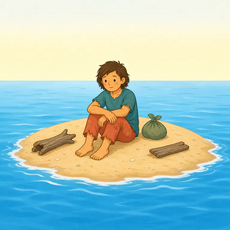 castaway（漂流者・名詞）の覚え方イラスト — castaway は cast「投げる・放る」と away「離れて」を知っていると、「岸や仲間から遠くへ放り出された人」という絵で覚えやすい語
