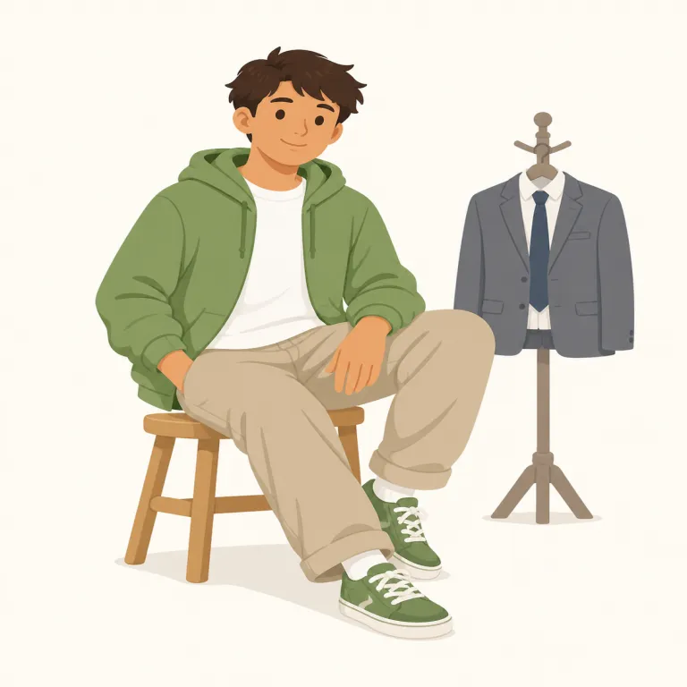 casual（カジュアルな・形容詞）の覚え方イラスト — casual は、服装や場の雰囲気が堅苦しくないという意味です