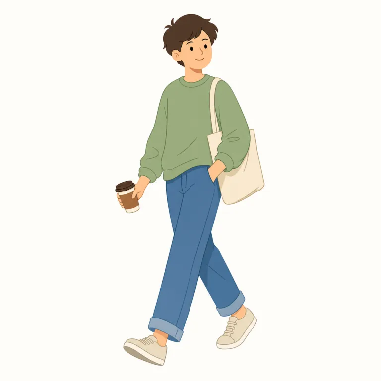 casually（何気なく・副詞）の覚え方イラスト — この意味の casually は、行為や発言が大げさでなく、力を入れて準備したように見えない様子を表します