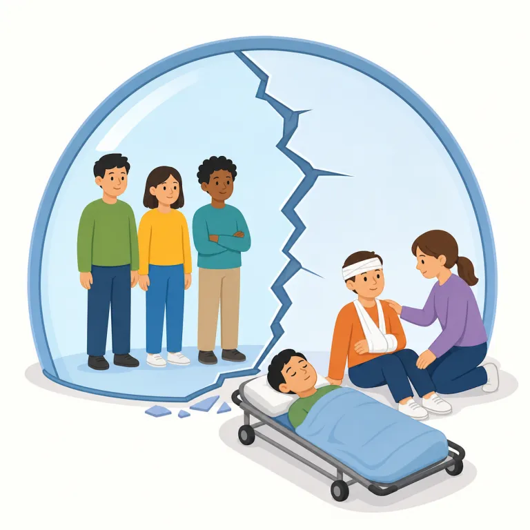 casualty（死傷者・名詞）の覚え方イラスト — casual を知っているなら、casualty は「偶然の出来事で生じた被害」とつなげると記憶しやすいです