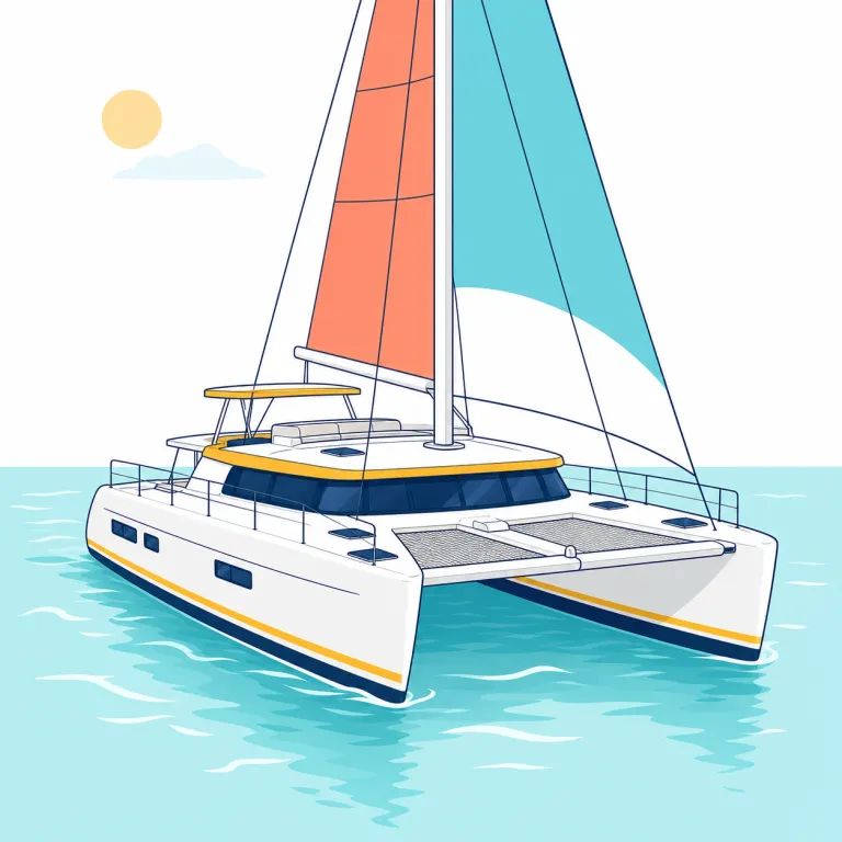 catamaran（双胴船・名詞）の覚え方イラスト — boat の種類名として丸暗記するより、「細長い船体が2本、横に並んでいて安定する船」という絵で覚えると残りやすいです