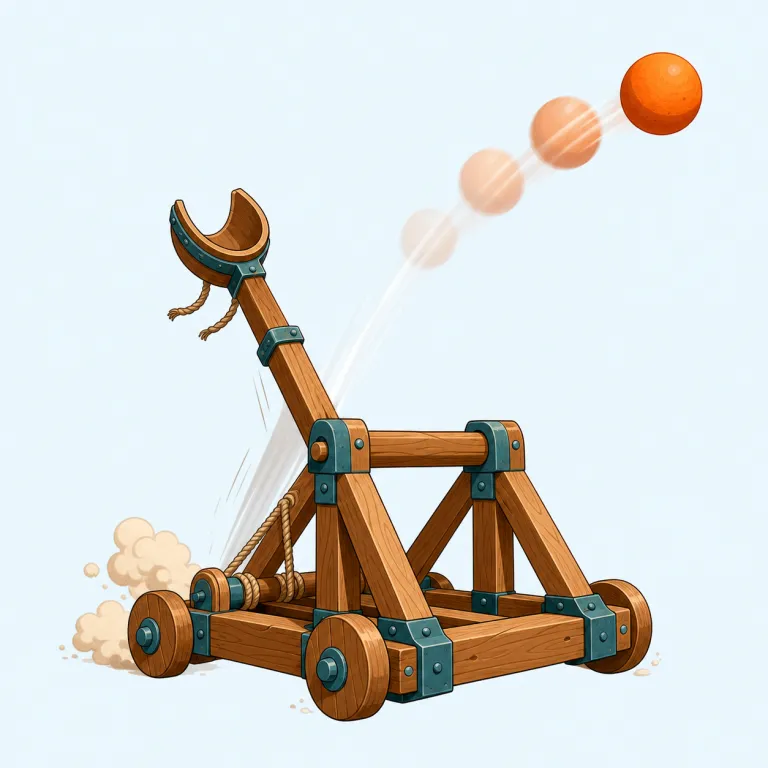 catapulting（投げ飛ばす、発射する・動詞）の覚え方イラスト — catapult は大きな投石機を思い浮かべると覚えやすいです