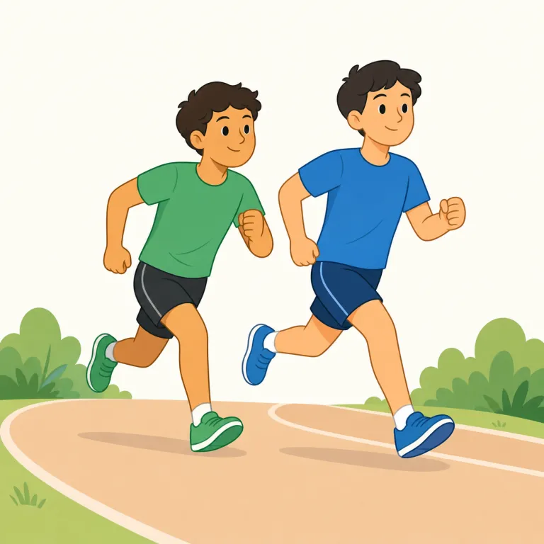 catch up（追いつく・句動詞）の覚え方イラスト — catch up の「追いつく」は、前を進む人や集団との差を詰めて同じ位置に到達するイメージで覚えます