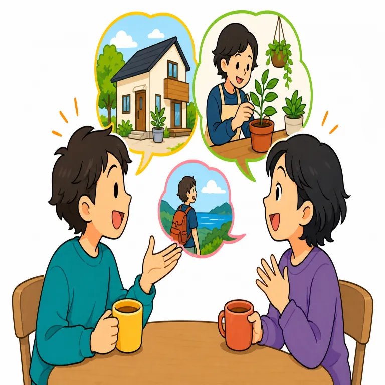 catch up（近況を話す・phrasal_verb）の覚え方イラスト