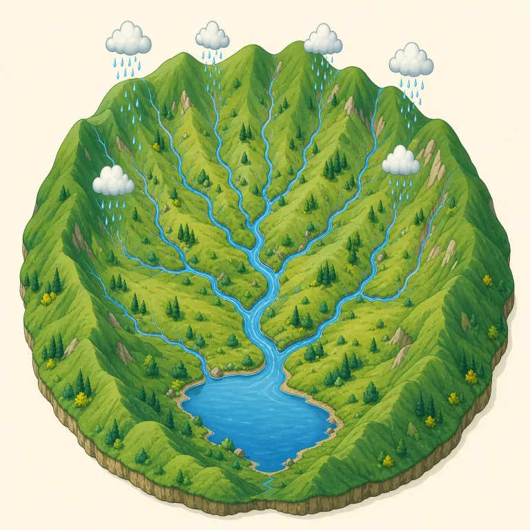 catchment（集水域・名詞）の覚え方イラスト — catch が「受け止める・集める」と分かれば、catchment は「水を受けて集める範囲」と押さえやすいです