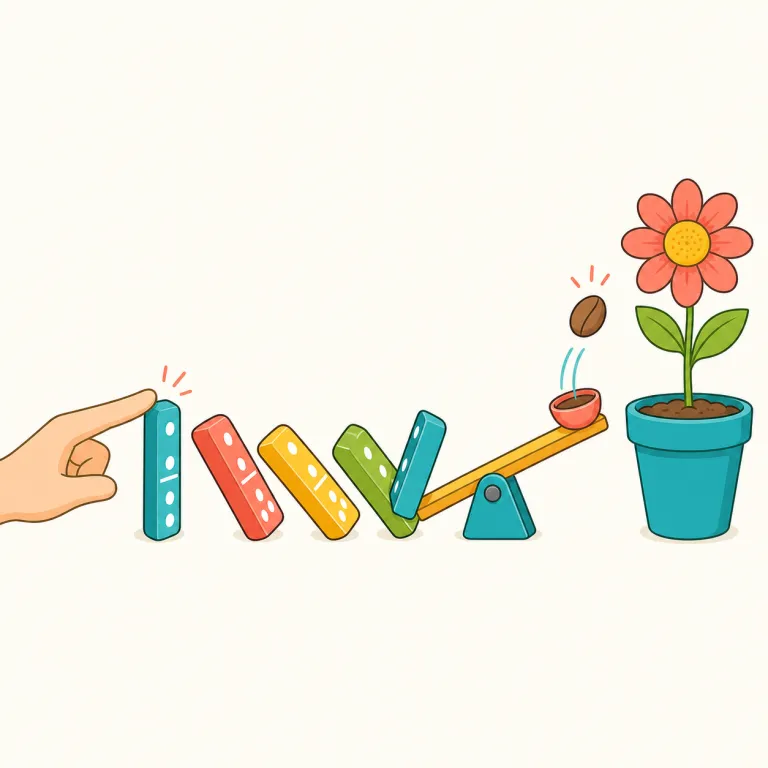 causally（因果的に・副詞）の覚え方イラスト — まず cause「原因・引き起こす」を知っていれば、causal は「原因に関する」、さらに -ly で「因果関係の観点から」という副詞だとつなげて覚えやすいです