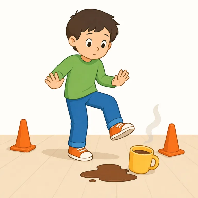 caution（注意・名詞）の覚え方イラスト — 名詞の caution は、目の前の作業に集中する attention とは少し違い、「悪い結果を避けるために一歩引いて確認する態度」を表すと考えると区別しやすい