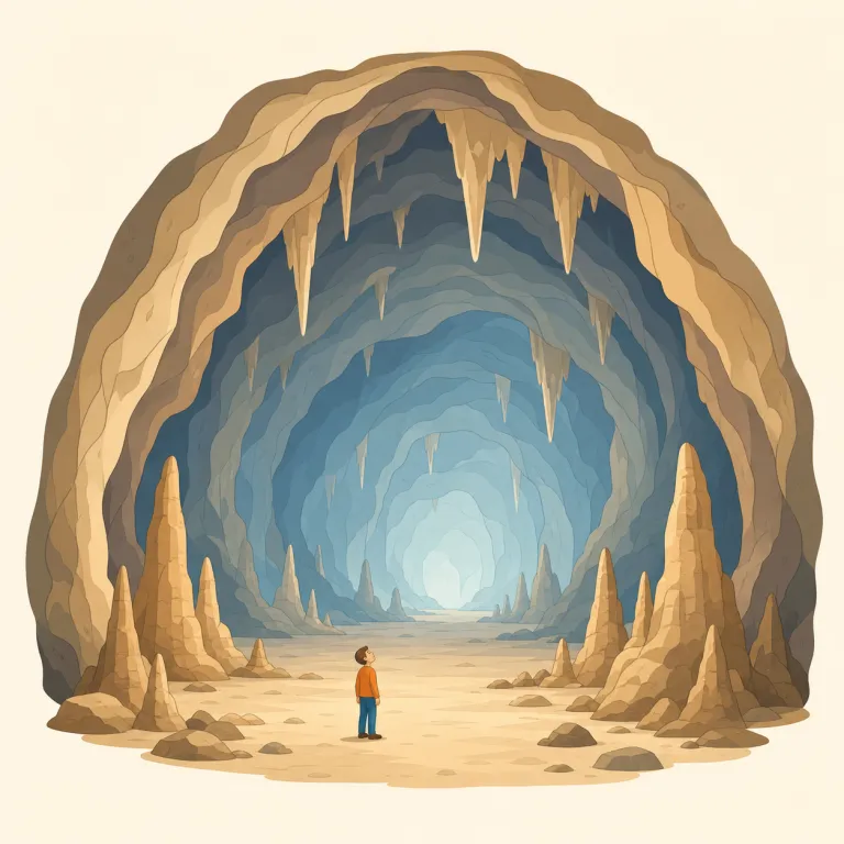 cavernous（洞窟のような・形容詞）の覚え方イラスト — まず `cave` を知っていれば、その拡大版として覚えやすい語です