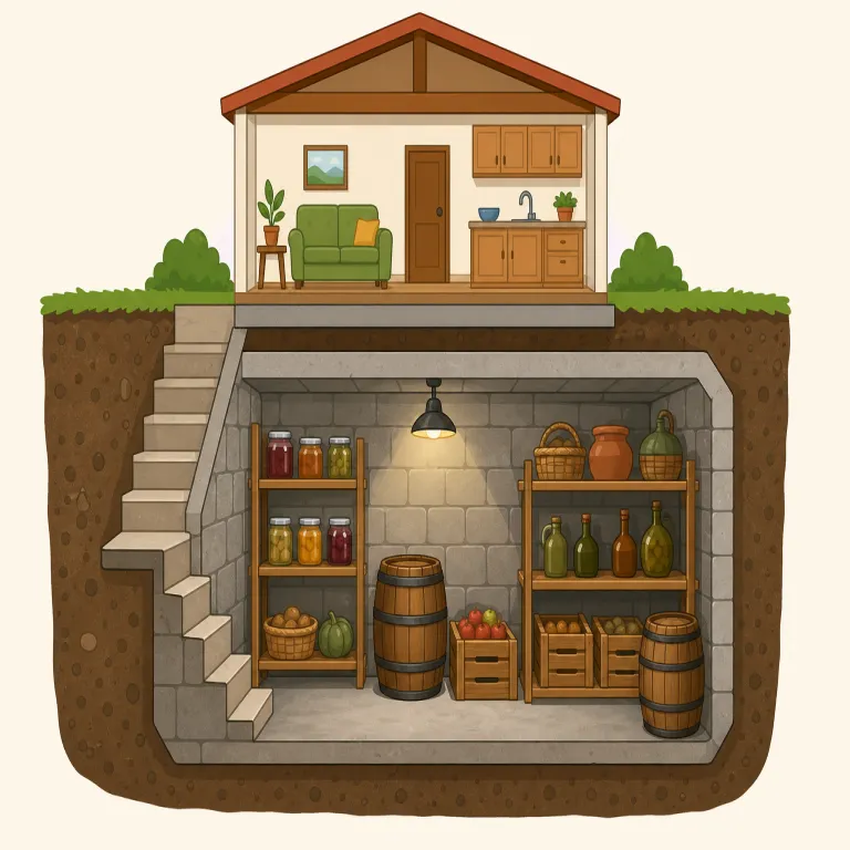 cellar（地下室・名詞）の覚え方イラスト — cellar は「建物の地下にある部屋」という位置で覚えます