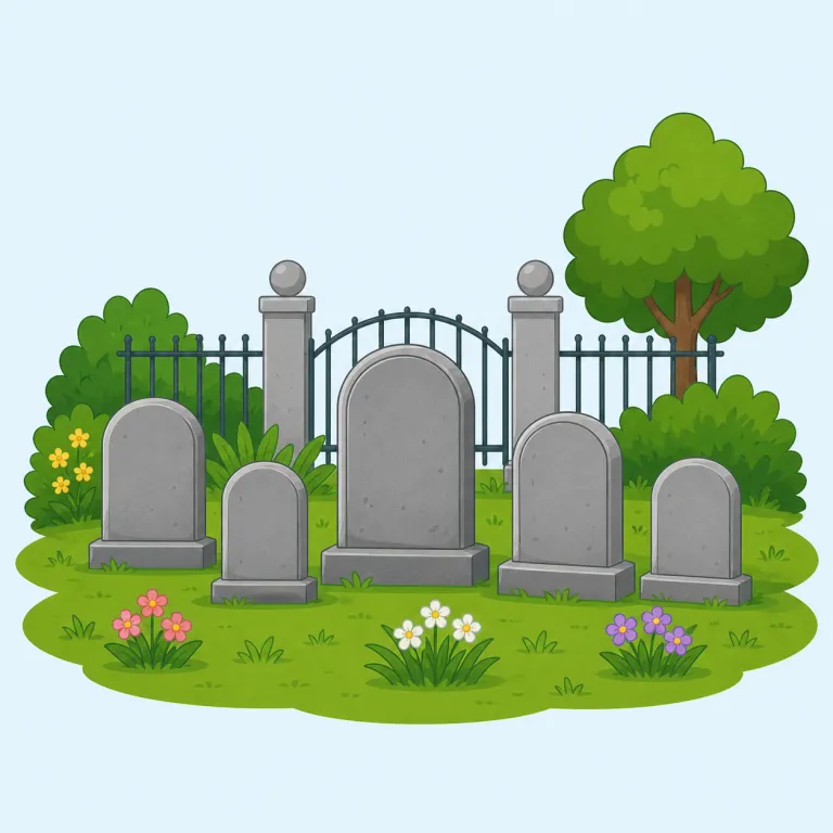 cemetery（墓地・名詞）の覚え方イラスト — cemetery は grave（墓）より少し広く、「墓石が並ぶ場所全体」を指す語として覚えると定着しやすいです