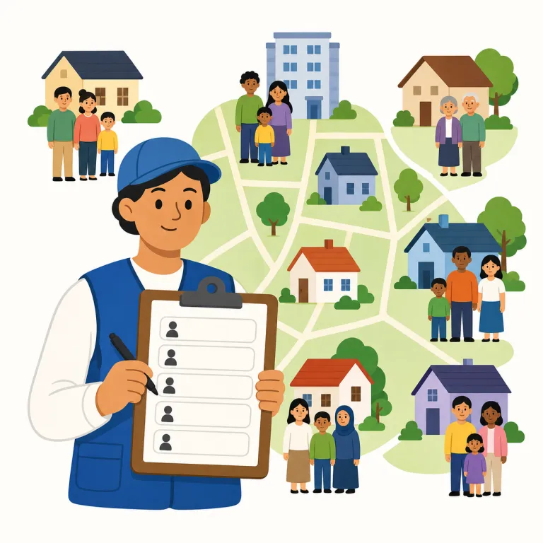 census（国勢調査・名詞）の覚え方イラスト — census は「国全体を数えて把握する調査」とセットで覚えると強い